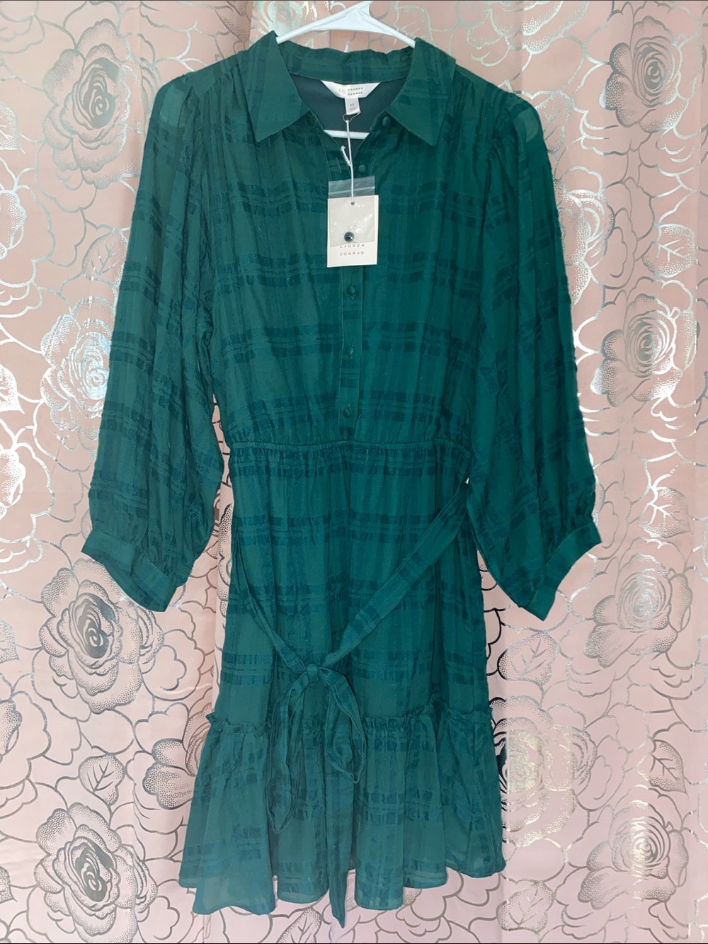 NWT LC Lauren Conrad Plaid Mini Shirt Dress Emerald Green Size M